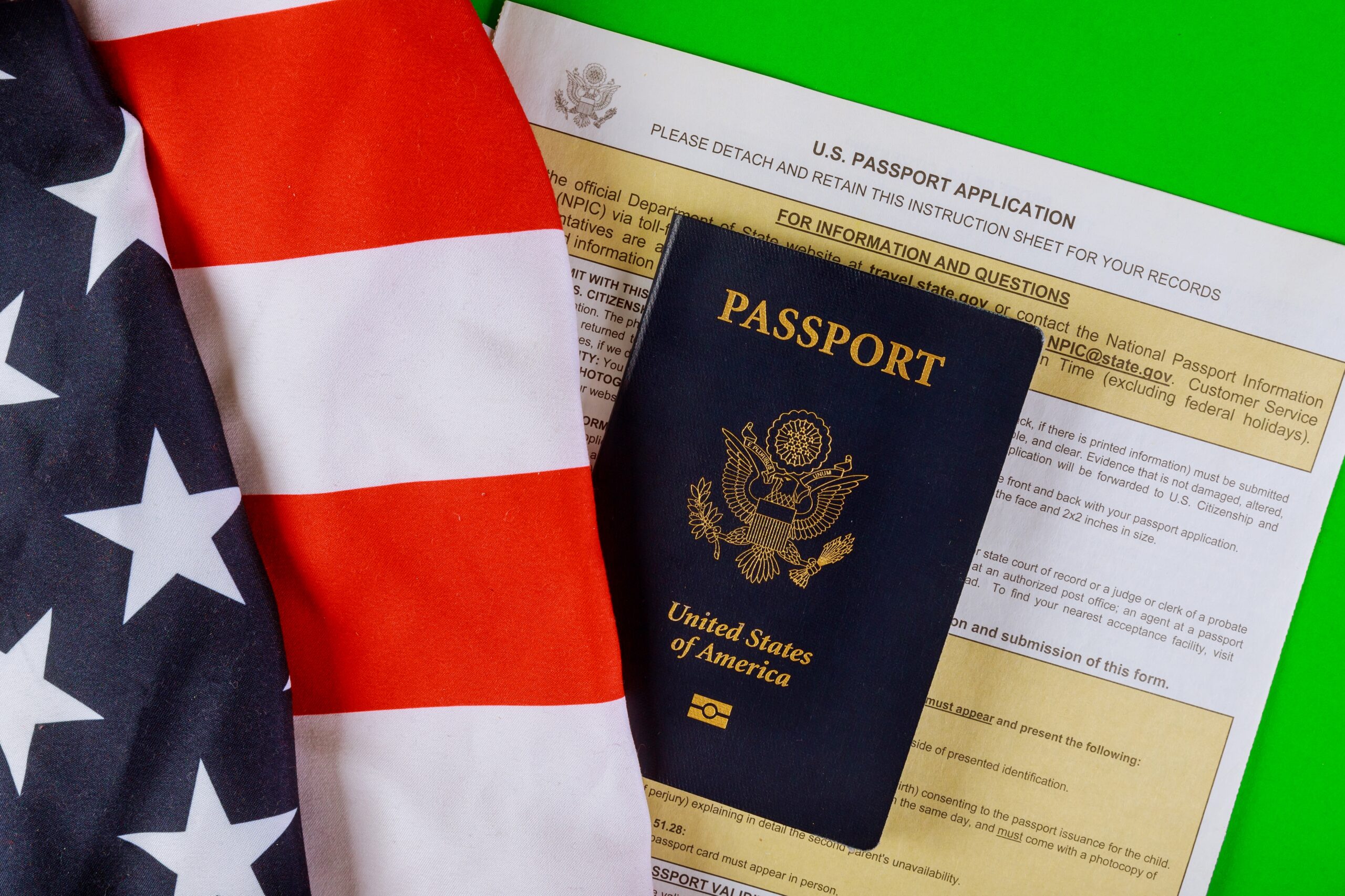 Passport, a filling form and the U.S. flag