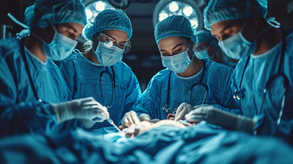 Group of surgeons inside the operating room of a bariatric operation.