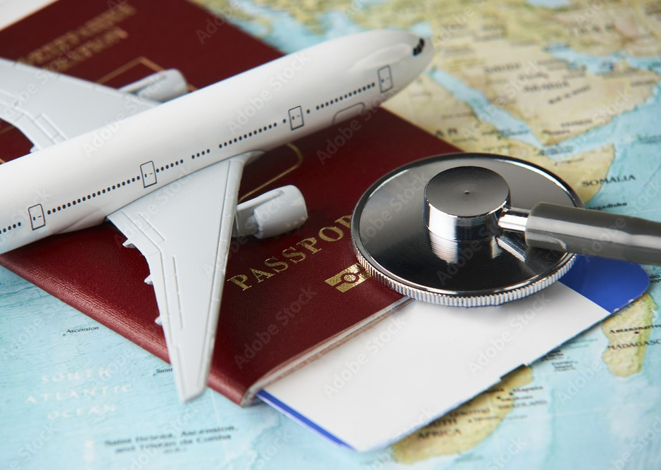 An airplane, a passport, and a map representing Medical Tourism.
